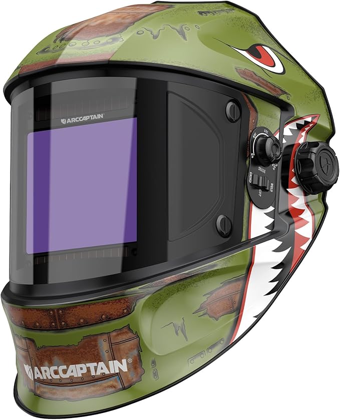 ARCCAPTAIN Large Viewing Screen 3.93"X3.66" Welding Helmet, True Color 1/1/1/1 Solar Power Auto Darkening Welding Hood with 4 Arc Sensor, Wide Shade 4/5-9/9-13 for TIG MIG ARC, Shark
