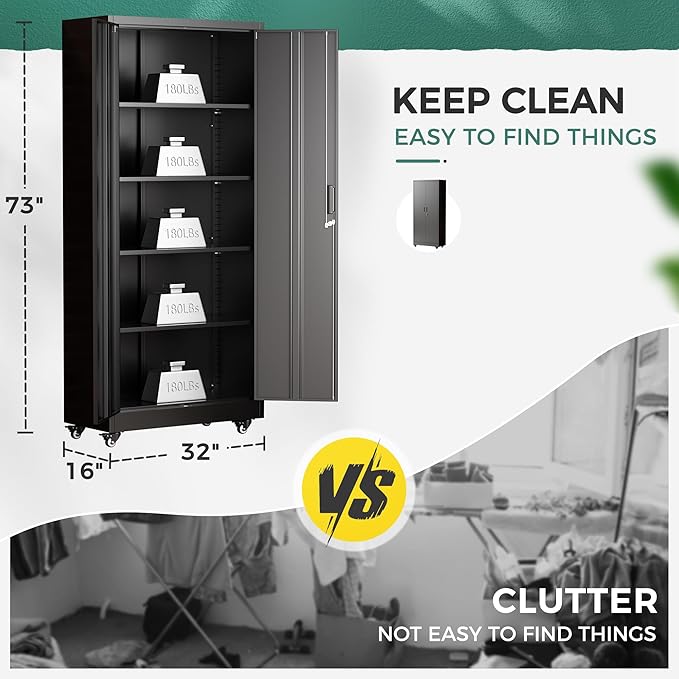 Greenvelly Metal Garage Storage Cabinet with Wheels, Black 73" Rolling Metal Cabinet with Locking Doors and Adjustable Shelves, Tool Organization with Wheels for Home,Kitchen,Office