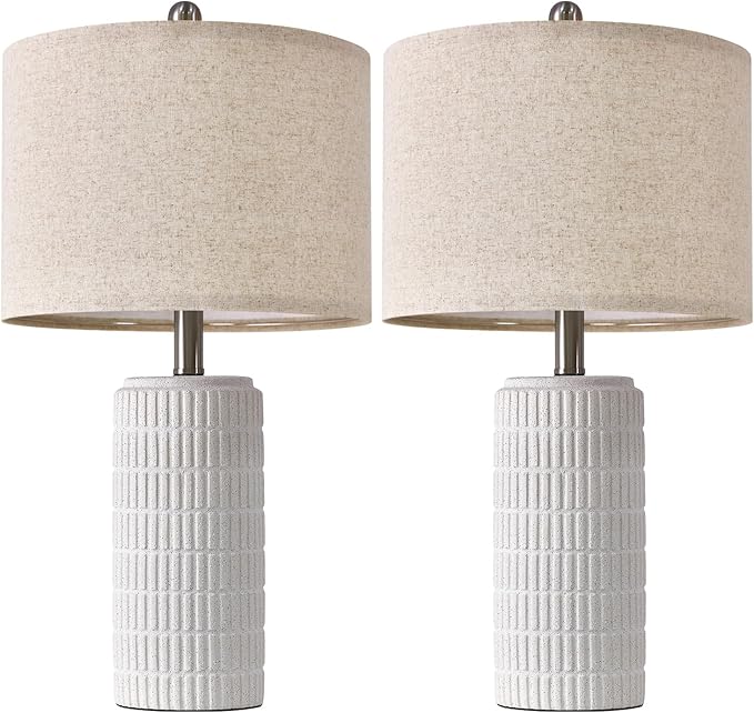 PoKat 24" Farmhouse Ceramic Table Lamps Set of 2 for Bedroom, White Stone-Like Bedside Lamps for Night Stands, Matte-Textured Decor Nightstand Table Lamps for Living Room End Table White