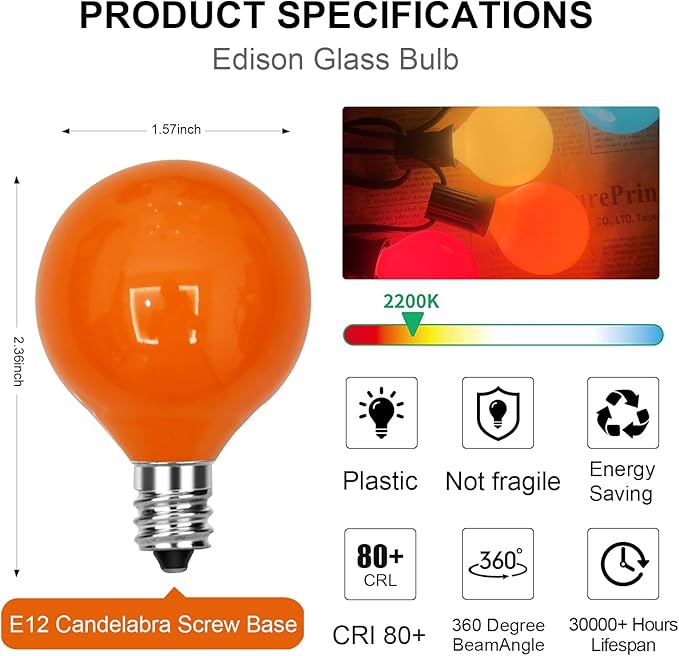 GOOTHY 25 Pack G40 Multicolor Ceramic Replacement Lights Bulbs, Christmas Globe Replacement Bulbs for Outdoor String Lights, C7/E12 Candelabra Base, 5W Incandescent Night Light Bulbs- Multicolor