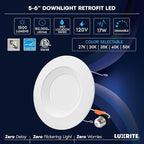 LUXRITE 5/6 Inch Retrofit LED Recessed Lighting, 17W=90W, 1500LM, 5CCT Color Selectable 2700K | 3000K | 3500K | 4000K | 5000K, Dimmable Can Light, CRI 90, Wet Rated, Energy Star, Baffle Trim (6 Pack)