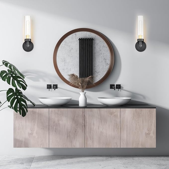 Black Wall Sconces Set of Two,Knurled Texture Modern Wall Sconce,Tube Clear Glass Matte Black Vanity Light,Industrial Bathroom Sconces Wall Lighting,Wall Lights for Bedroom,Living Room,Hallway