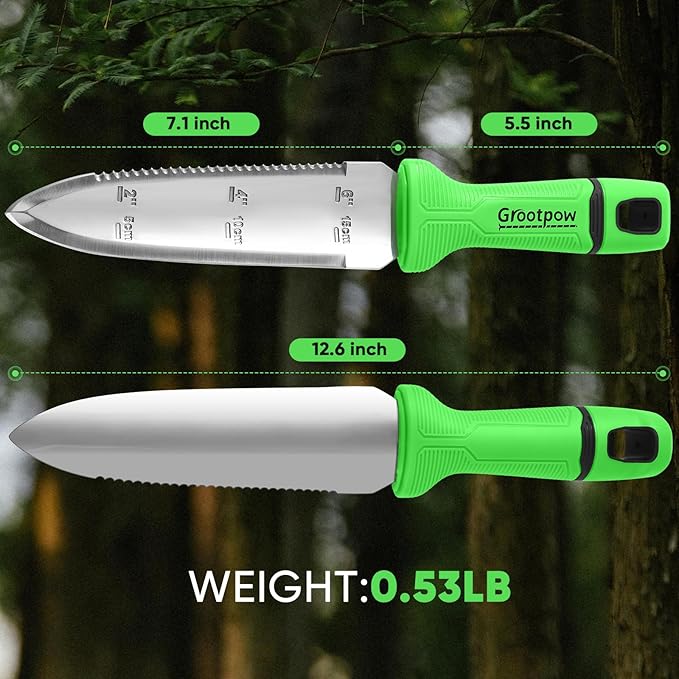 Grootpow GK01 Hori Hori Garden Knife, Full Tang Gardening Knife with 7.1" Stainless Steel Double-Edged Blade, Heavy Duty Gardening Hand Tool for Weeding and Gardening with Oxford Sheath - in Gift Box