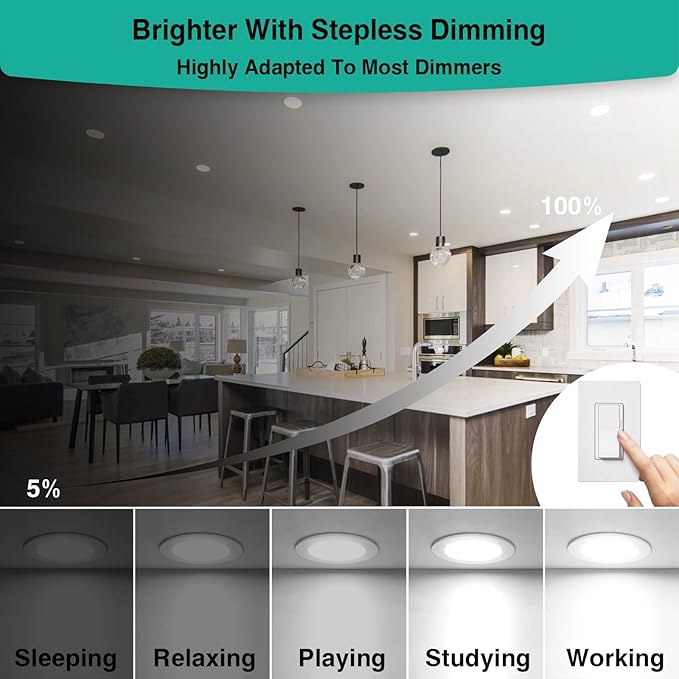 HiBay 4 Pack 4 Inch LED Recessed Ceiling Lights, 1200LM 12W=150W, 5CCT 5000K/4000K/3500K/3000K/2700K Selectable, Dimmable Canless Downlight Fixtures - ETL and Energy Star Certified