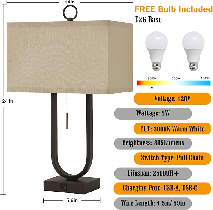 Luvkczc Bedside Lamps Set of 2, 24'' Tall Table Lamps for Night Stands with USB C+A Ports, 3000K LED Bulbs - Modern Desk Lamp for Bedroom, Living Room, Office, Beige Lampshade