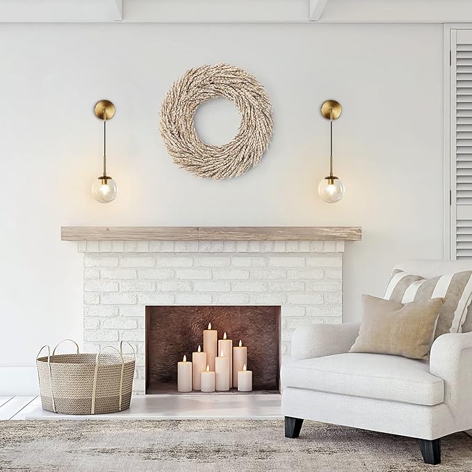 KCO Lighting Modern Gold Globe Wall Sconce Mid Century Raw Brass Round Glass Wall Mounted Light Minimalist Vanity Adjustable Cord Wall Lamp for Bathroom Mirror Bedside Stairs (Amber)