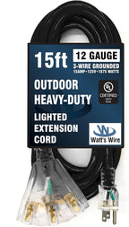 Outdoor Extension Cord Waterproof (15 ft) 12 Gauge Heavy Duty Extension Cord Splitter - Lighted Outdoor Extension Cords with Multiple Outlets - Watts Wire - 15' Grounded - extensiones electricas