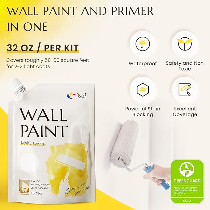 DWIL White Paint for Wall, Water-Based Ceiling Paint with Roller Kit - Interior/Exterior - No Sanding, Quick Drying, Low Odor - Perfect for Wall, Ceiling & More, 50-55sq.ft, 32 Oz, Semi-Gloss White