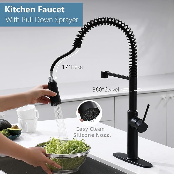 Brass Matte Black Kitchen Faucets, Brass 22 inch Commercial High Arc Single Handle Kitchen Faucets for Pull Down Sprayer Modern Spring with Deck Plate
