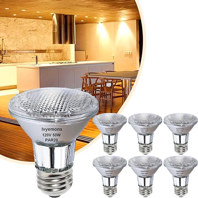 PAR20 50W Halogen Bulb - 6 Pack 120V 50W PAR20 Flood Light Bulbs with E26 Base, PAR 20 Dimmable 2800K Warm White, Long Lasting PAR 20 Bulb for Track Lighting & Hood Range Light Bulbs