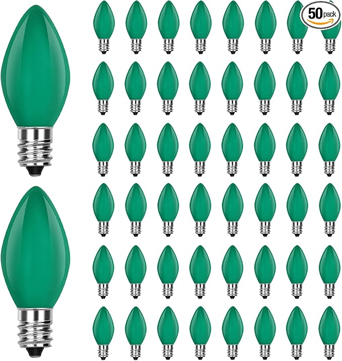 50 Pack C7 Ceramic Green Christmas Replacement Bulbs, 5 Watt Incandescent Bulbs for Outdoor String Lights, C7 Christmas Night Light Bulbs for Porch Patio Garden Holiday Decor, E12 Intermediate Base