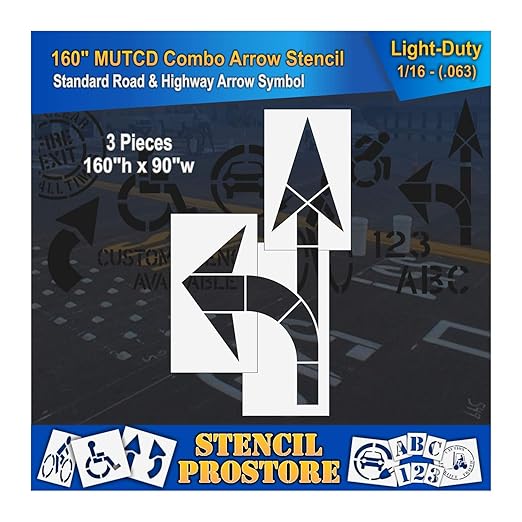 Pavement Stencils - 160 inch - Straight & Turn Combo Arrow KIT for MUTCD, FHWA, Road & HWY DOT - (3 Piece) - 160" x 90" x 1/16" (63 mil) - Light-Duty