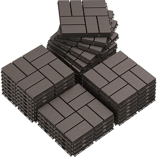Goovilla Plastic Interlocking Deck Tiles, 27 Pack Outdoor Patio Flooring, 12"x12" Interlocking Decking Tile Outdoor All Weather Use, Waterproof Patio Paver for Pool Balcony Backyard Porch, Dark Coffee