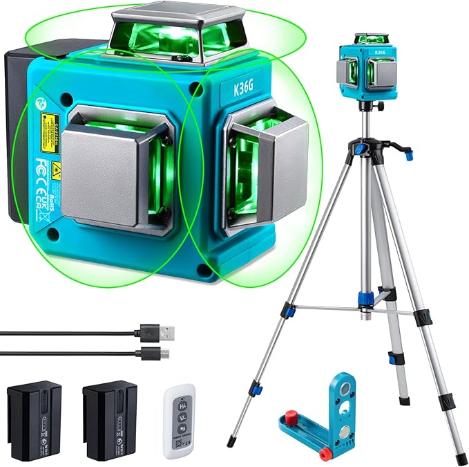 KEZERS Laser Level with Tripod,3 x 360 Self Leveling Laser Level, Green Line Laser 3D Laser Leveler Tool with 2 Rechargeable Batteries,Indoor,for Picture Hanging,Tile,Home Renovation