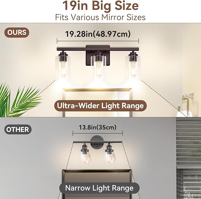 3-Light Bathroom Light Fixtures, 19" Modern Vanity Lights Over Mirror with Clear Glass Shades, Brown Light Fixture, Classic Wall Light Fixture for Mirror Living Room Cabinet Bedroom Porch