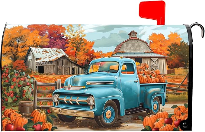 Kawani Fall Mailbox Cover - Autumn Harvest Thanksgiving Pumpkin Farm Truck Magnetic Standard Size 21x18 Inch Rustic Waterproof Post Box Wrap Garden Yard Decor for Outdoor