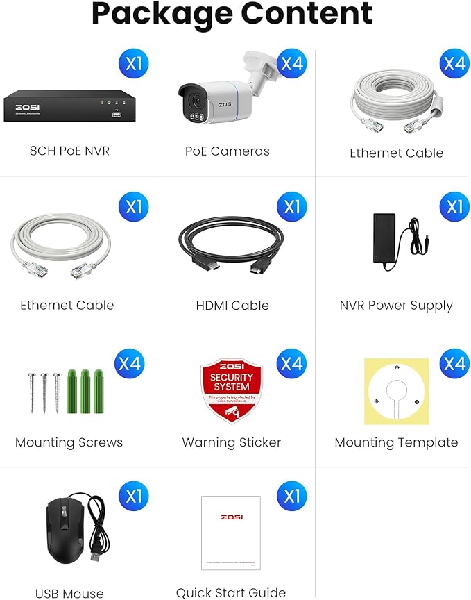 ZOSI 4K PoE Security Camera System,4pcs 4K C186 Aurora Lux Outdoor Indoor Wired Cameras,True Full Color Night Vision,Person Vehicle Detection,2 Way Audio,8MP 8CH NVR with 2TB HDD for 24/7 Recording