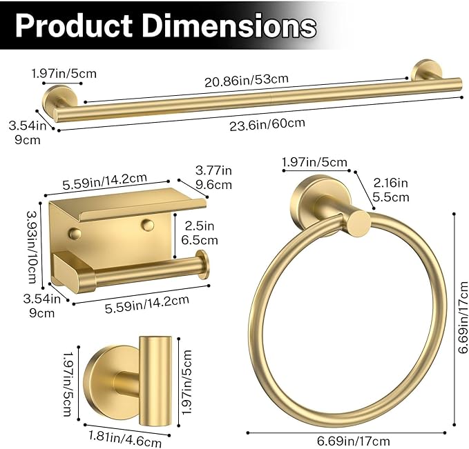5-Piece Towel Bar Set Brushed Gold Bathroom Hardware Accessories Set Includes Multi-Purpose Toilet Paper Holder,Towel Holder Sets for Bathroom Stainless Steel Wall-Mounted 23.6in