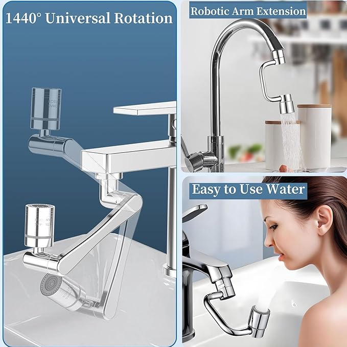 Rotatable Faucet Aerator Extension, Universal U-Shaped Faucet Extender with 1440° Swivel, 2-in-1 Anti-Splash Aerator for Kitchen Sink & Bathroom Faucet