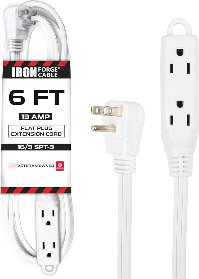 Iron Forge Cable 6 ft Flat Plug White Extension Cord with 3 Outlets - 16/3 SJTW 3 Prong Indoor Extension Cord with Multiple Outlets