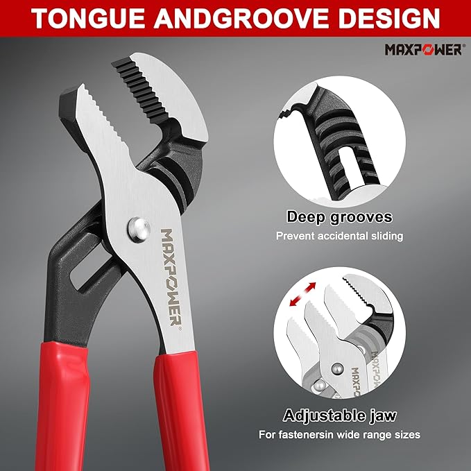 MAXPOWER 12-inch Water Pump Pliers, Straight Jaw Adjustable Tongue and Groove Plier, Slip Joint Plumbing Pliers