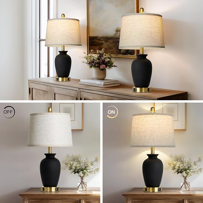 23" Set of 2 Black Ceramic Farmhouse Table Lamp with Ginger Jar Design, Bedside USB Lamps for Living Room,Dining Room,Bedroom,Office,Nightstand,End Table