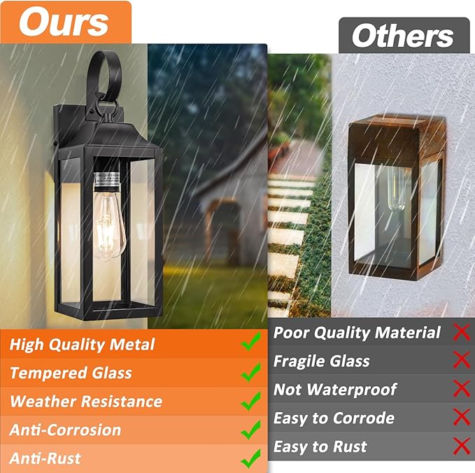 2 Pack Outdoor Light Fixtures Wall Mount, 15 Inch Black Exterior Wall Sconces Waterproof, Large Outside Lights for House, Modern Wall Lanterns Clear Glass