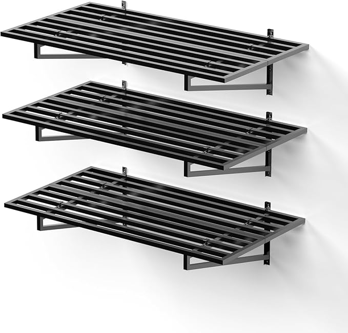 3-Pack Garage Wall Shelves, 2' x 4' Heavy Duty Wall Mounted Storage Rack with 9 Hooks, 750 lbs Capacity (250 lbs Each), Steel Garage Organization Shelving for Tools, Bins, and Power Equipment