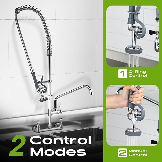 47" Height Commercial Sink Faucet with Sprayer, 8 Inch Center Wall Mount Kitchen Sink Faucet with Down Pre-Rinse Sprayer, Compartment Sink Faucet with 12" Swivel Spout for Restaurant