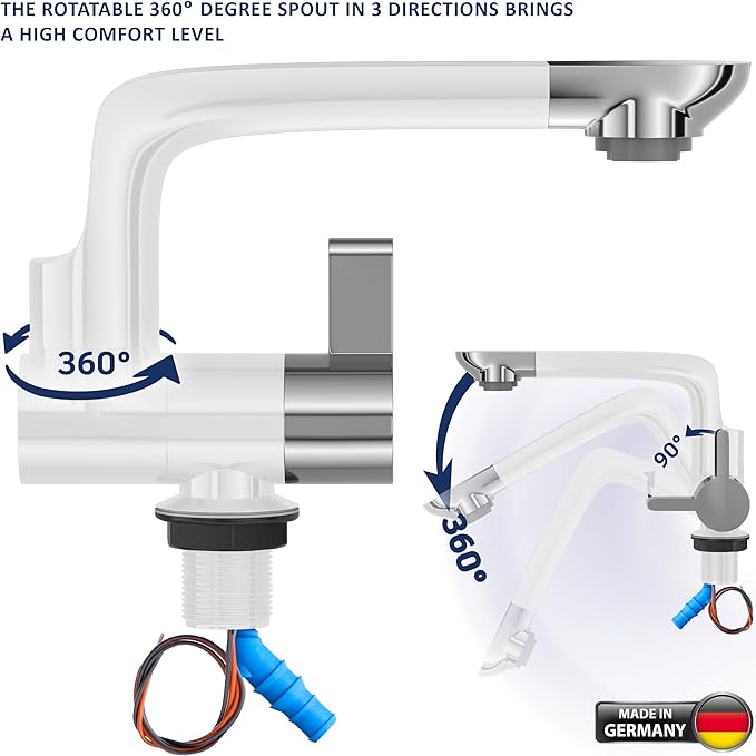 12V Faucet with Switch – German Made 1.5 BAR | Cold Water RV Sink Electric Faucet 360° Swivel Spout, 6A | for Camper Vans, Trailers, Marine Use | Single Hole – 12V Pump Compatible (White)