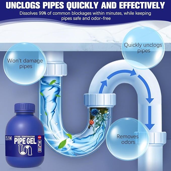 PIPE GEL Professional Drain Cleaner for Kitchen Sink, Strong Drain Opener, Unclog Shower Tub Drains, 300G, All Pipe Materials