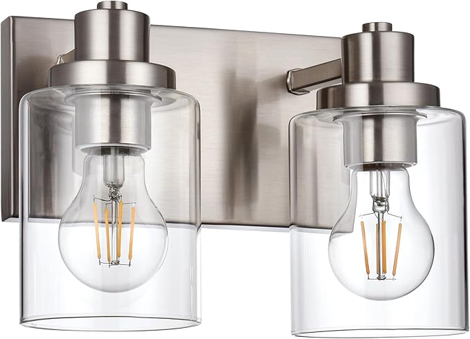 2 Light Vanity Light Fixtures - Brushed Nickel, Modern Design with Clear Glass Shade, Farmhouse Style Over Mirror Lighting