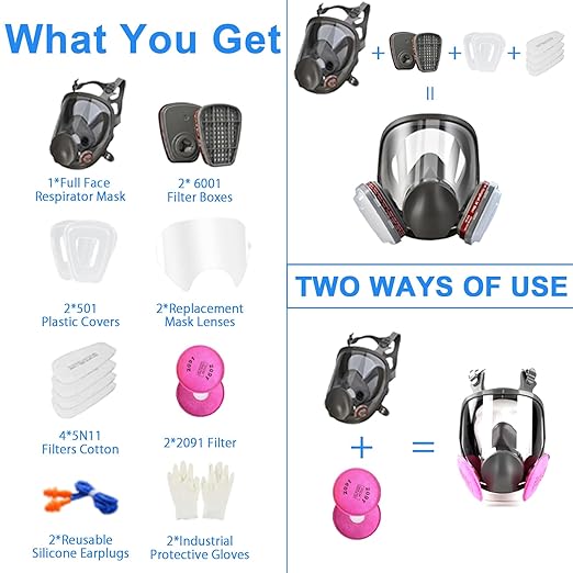 Full Face Gas Industrial Mask, Reusable 6800 Respirator Mask with Filters 6001 and 2091, Cold Flow Exhalation Valve, Silicone Face Seal, for Painting, Sanding, Woodworking, Welding, Chemical Handling
