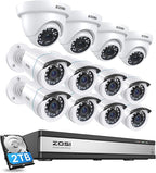 ZOSI 1080p 16 Channel Security Camera System Outdoor with AI Human Vehicle Detect, 12 x 2MP Weatherproof Surveillance CCTV Bullet Dome Camera, H.265+ DVR, 2TB HDD, 80ft Night Vision, 90° View Angle