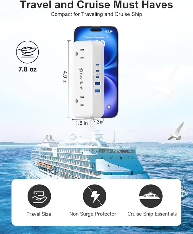 5 USB(3 USB C) Travel Power Strip- 5Ft Short Extension Cord with 5 USB Charging Station 24W/4.8A and 4 Wide Outlets, Compact Flat Plug Small Extension Cord for Travel Cruise College Dorm Office White