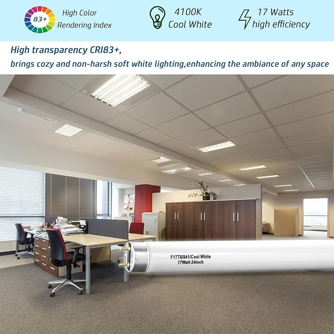 (12 Pack) 24 inch F17T8/841 Fluorescent Light Bulb,2ft 17Watts 4100K Cool White T8 Linear sp841 Tube, G13 Medium Bi-Pin Base