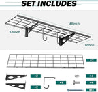 EVERHANGER Garage Wall Shelves, 12 X 48 Inch Wall Mounted Storage Shelves, Heavy Duty Metal Shelving with Hooks, 2 Pack, Black