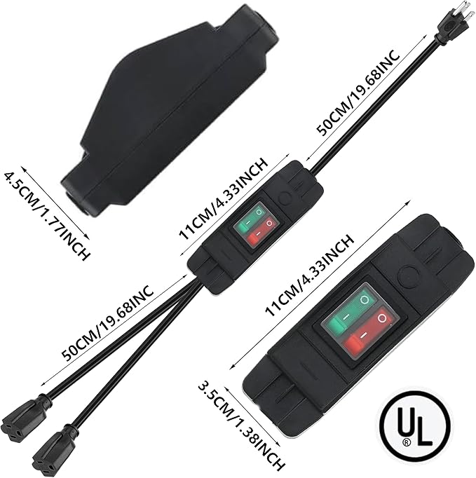 2 Way Extension Cord with On/Off LED Switch, Fiabtool 3 Prong Extension Cord Splitter, Heavy Duty Plug Splitter, SJTW 18AWG 10A/125V, Indoor Use (3.28 Ft, Black)