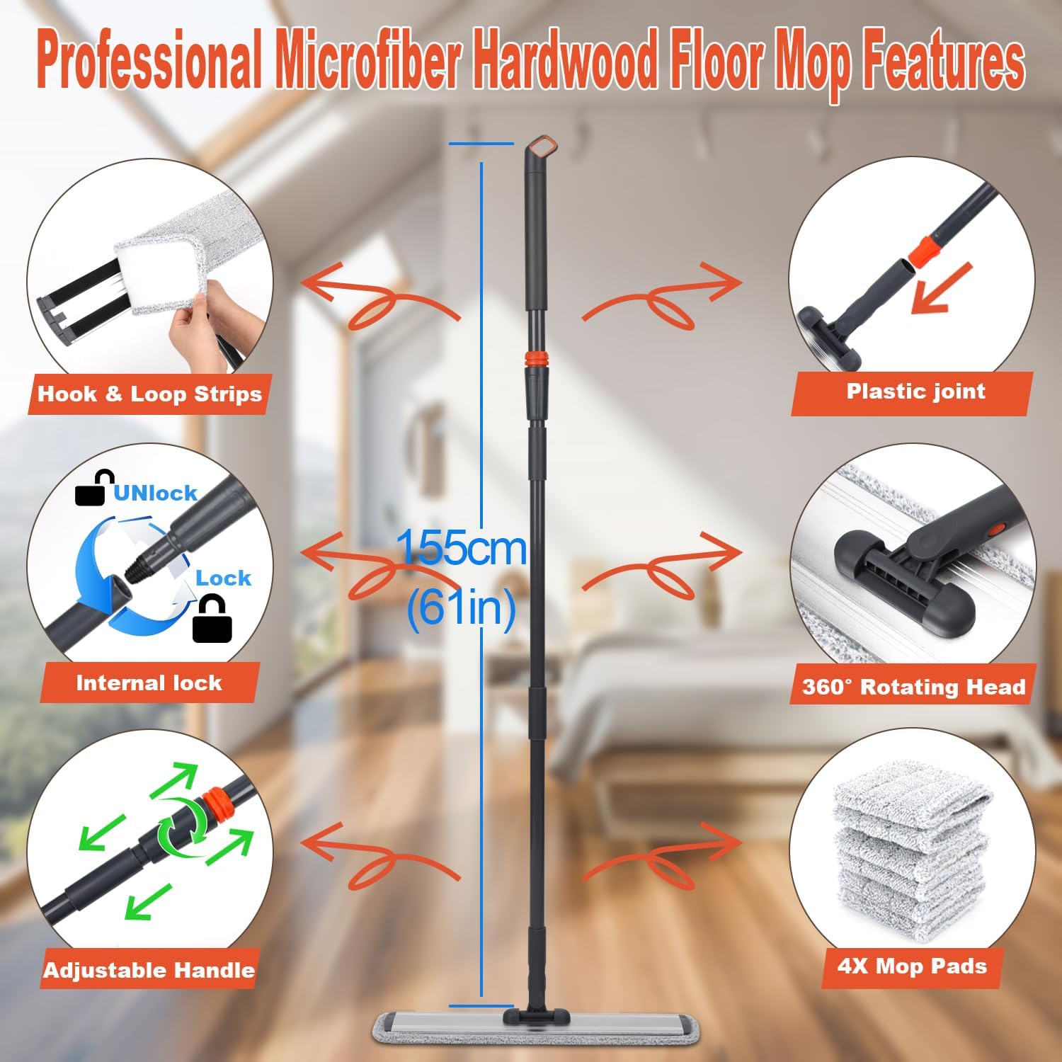 18 Professional Microfiber Mop Large Flat Mops for Floor Cleaning 4 Reusable Washable mop Pads Hardwood Cleaning System Wet and Dust Mop with 61in Long Stainless Steel Handle