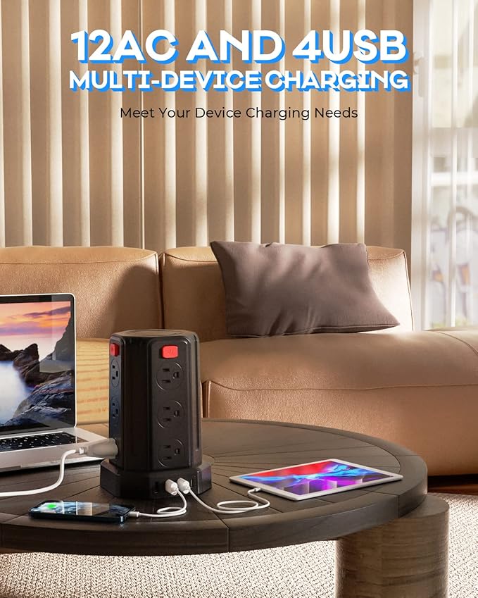 Power Strip Surge Protector, 10 Ft Extension Cord with 12 AC Multiple Outlets 4 USB (1 USB C), SMALLRT Power Tower Desktop Charging Station (Black, 16.4 FT)