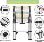 Telescoping Ladders 15.5 FT Aluminum Ladder - One-Button Retraction Collapsible Extension Ladder for Home,RV,Attic & Loft, Lasts 330 LBS with 2 Triangle Stabilizers and 2 Detachable Hooks