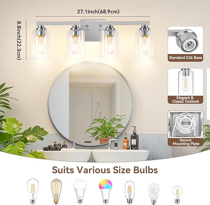 4-Light Bathroom Light Fixtures, 27" Modern Vanity Lights Over Mirror with Clear Glass Shades, Brushed Nickel Wall Sconce, Classic Wall Light Fixture for Mirror Living Room Cabinet Bedroom Porch
