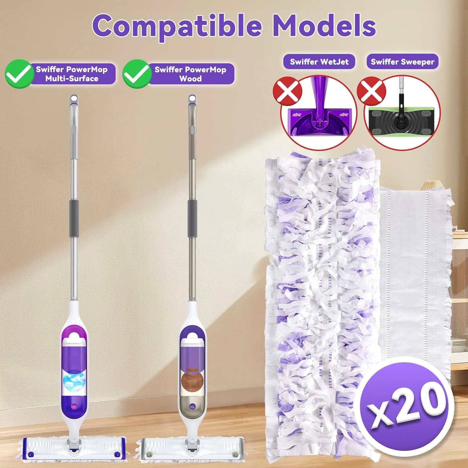 20 Pack Power Mop Pads Refills for Swiffer Power Mop | Heavy-Duty, Disposable Replacement Pads for Floor Cleaning, Multi-Surface & Wood Mopping Pad Refills (Unscented)