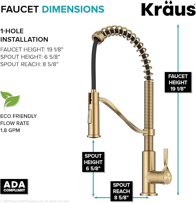 KRAUS Torak Pull Down Kitchen Faucet in Spot-Free Brushed Brass with Commercial Style Spring Spout, 2 Function Sprayer, Pre-Attached Water Lines, and Mounting Hardware, KPF-2635SFBB