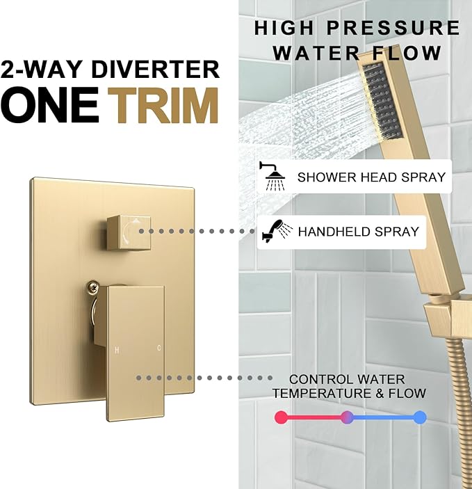 Lava Odoro Modern 3-Setting Square Shower and Tub Faucet Set with Shower Head and Handheld Sprayer Gold, Rainfall Shower System with Tub Spout, Shower Valve Trim Kit, Champagne Gold, SF103-SG-T