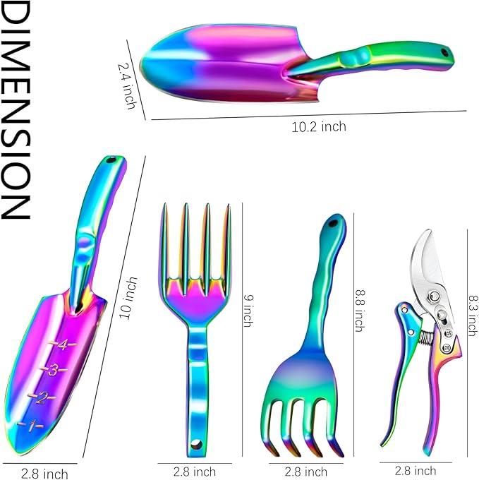 Rainbow Gardening Tool Set, Shovel, Pruning Shears and Hand Fork Gardening Hand toolsgardening Supplies (5 Pieces) Gardening Gifts for Women