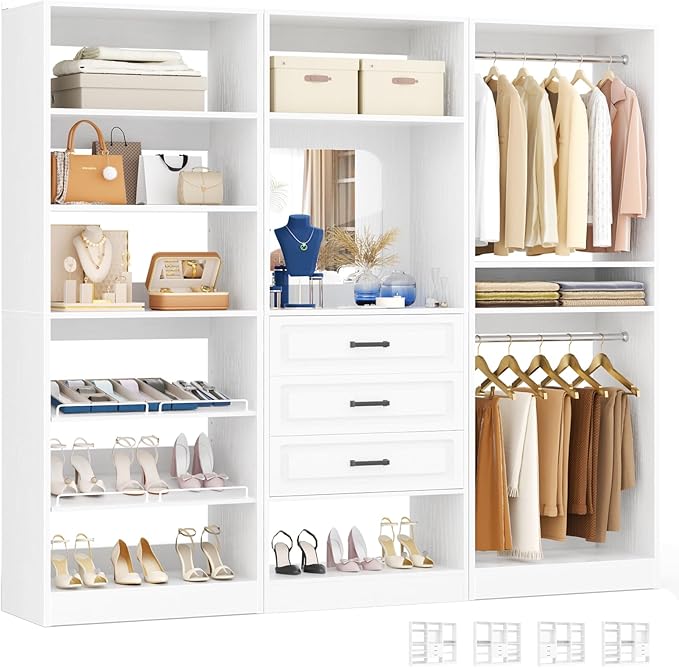 Unikito Modular Closet System with 3 Sets, 75”Closet Organizer System With Drawers, Mirror, Hanging Rods and Adjustable Shelves, Freestanding Wood Wardrobe Garment Rack, Walk in Closet Tower, White