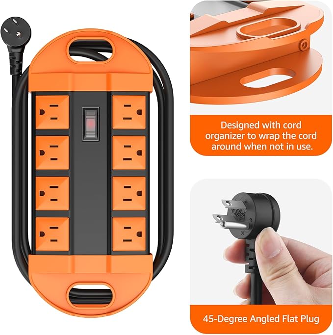 CCCEI Outdoor Power Strip Weatherproof with 8 Plug, Waterproof Extension Cord with Multiple Outlets, Christmas Exterior Garden Yard Surge Protector 15FT, Orange.