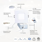 4-inch LED Canless Recessed Slim-Downlight 5 CCT Adjustable Dimmable Recessed Lights Fixture with Junction Box, Ceilling Light with Junction Box, 2700-5000K, 9W, White Square Finish, 6 Pack