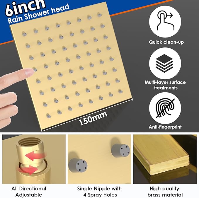 Enga 10 Inch + Dual 6-Inch Rain Shower System, Four Modes Diverter Shower Faucet with Handheld, Luxury Rain Mixer Shower Combo Set, Brushed Gold